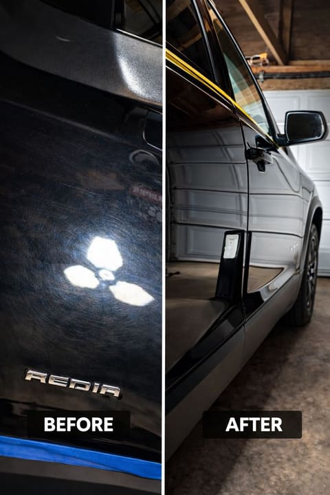Before and after paint correction on a black Rivian R1S: swirl marks and holograms on the left half, a clear mirror reflection on the right